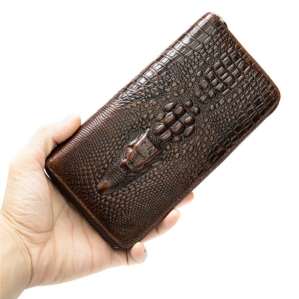 (image for) Ekphero Crocodile Print Men's Genuine Leather Wallet RFID Blocking Long Card Holder Purse Multi Card Slots Card Case Vintage Money Clip